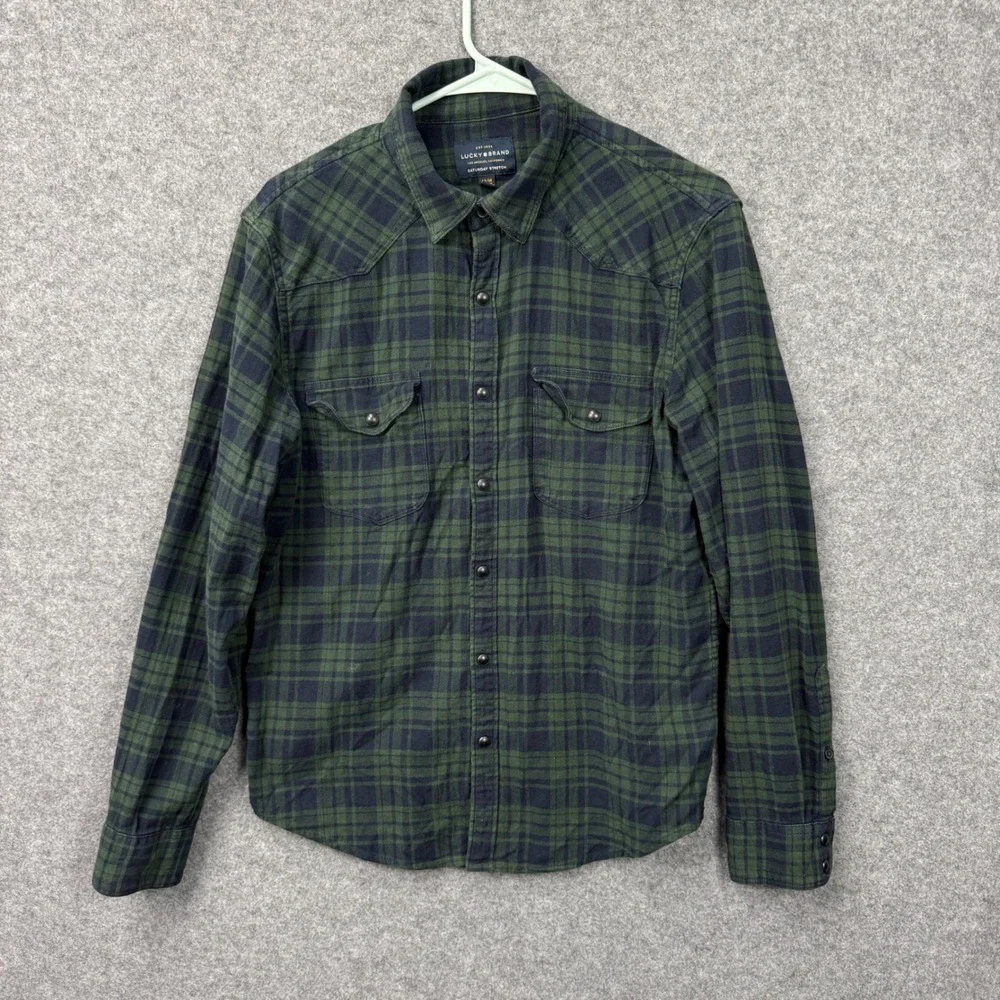 Lucky Brand‎ Mens Saturday Stretch Green Plaid Western Snap Front Shirt Medium